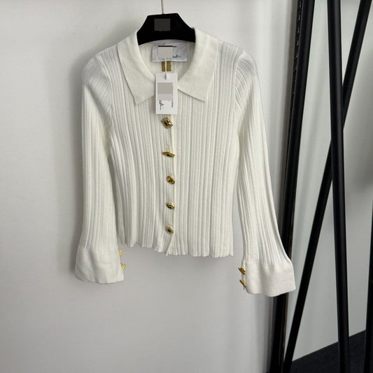 2025 High-End Gold Button Trumpet Long-Sleeved Lapel Knitted Cardigan Top 20256555