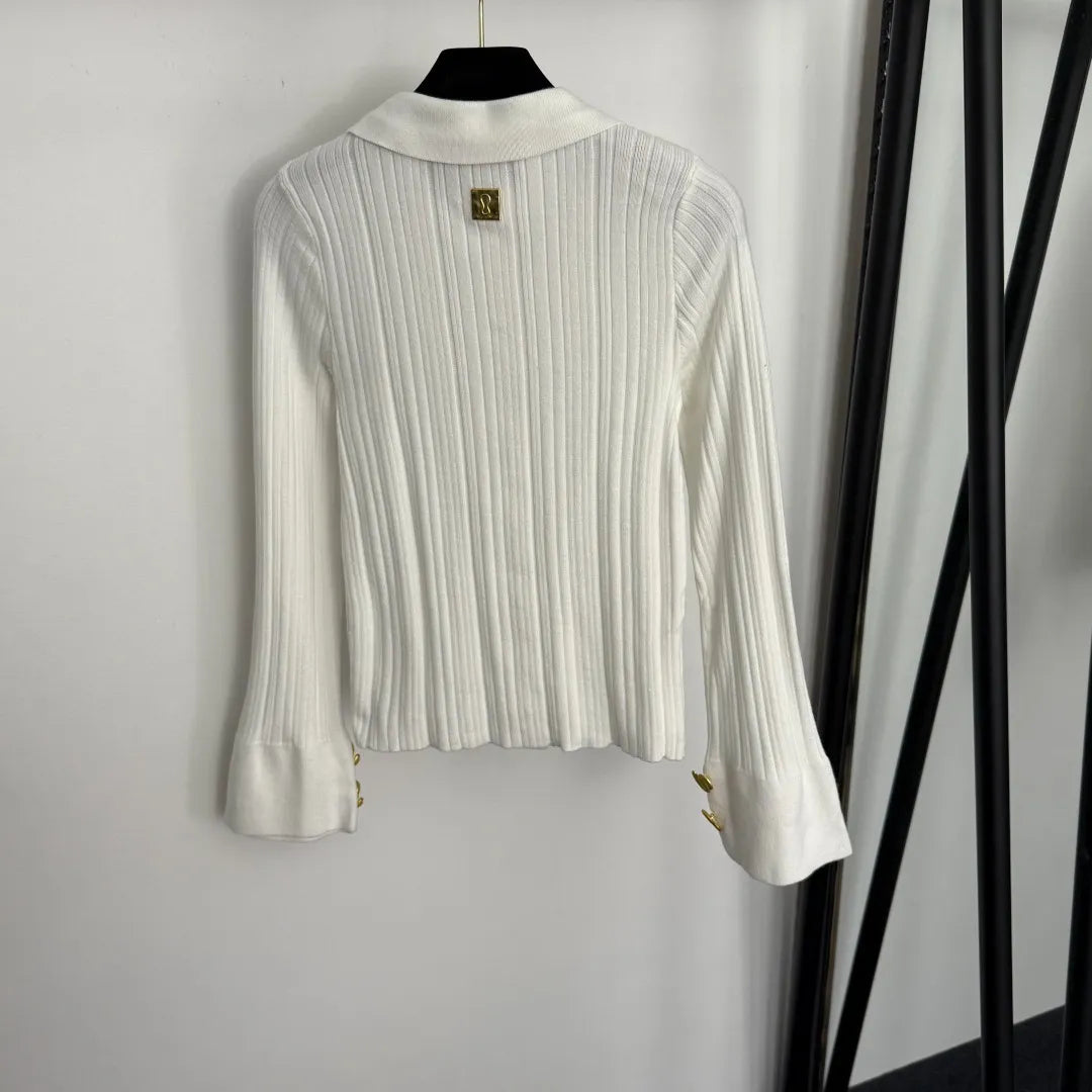 2025 High-End Gold Button Trumpet Long-Sleeved Lapel Knitted Cardigan Top 20256555