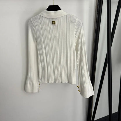 2025 High-End Gold Button Trumpet Long-Sleeved Lapel Knitted Cardigan Top 20256555