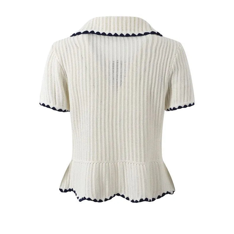 2026 Early Spring New Ruffled Lapel Single-Breasted Short-Sleeved Sweater Top