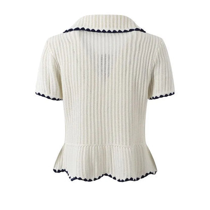 2026 Early Spring New Ruffled Lapel Single-Breasted Short-Sleeved Sweater Top