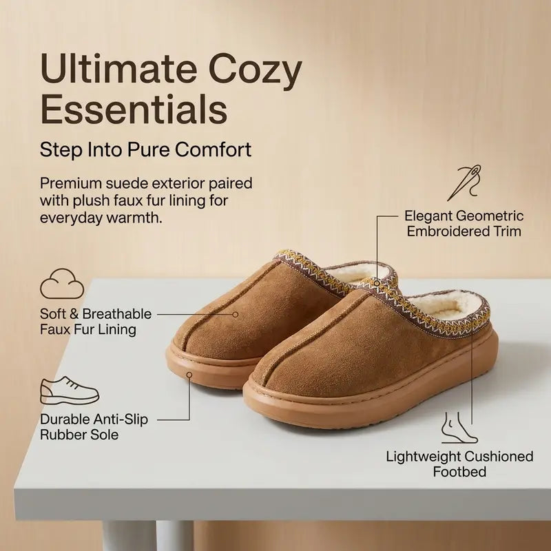 Women'S Memory Foam Soft Plush Slippers — Closed-Toe Design, Faux Suede Material, Non-Slip EVA Sole, Supportive Cushioning, Easy Slip-On Style, Winter-Ready, Machine Washable, Decorative Stitching Details, Suitable for Indoor and Outdoor Use.