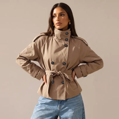 Katch Me Chic Women'S Versatile Stand Collar Button-Up Trench Coat with Detachable Waist Belt, Cozy Windproof Long Sleeve Outerwear for Fall & Winter, Commuter Solid Color Daily Outfit #Tiktokmademebuyit #Sohochic #Windbreaker